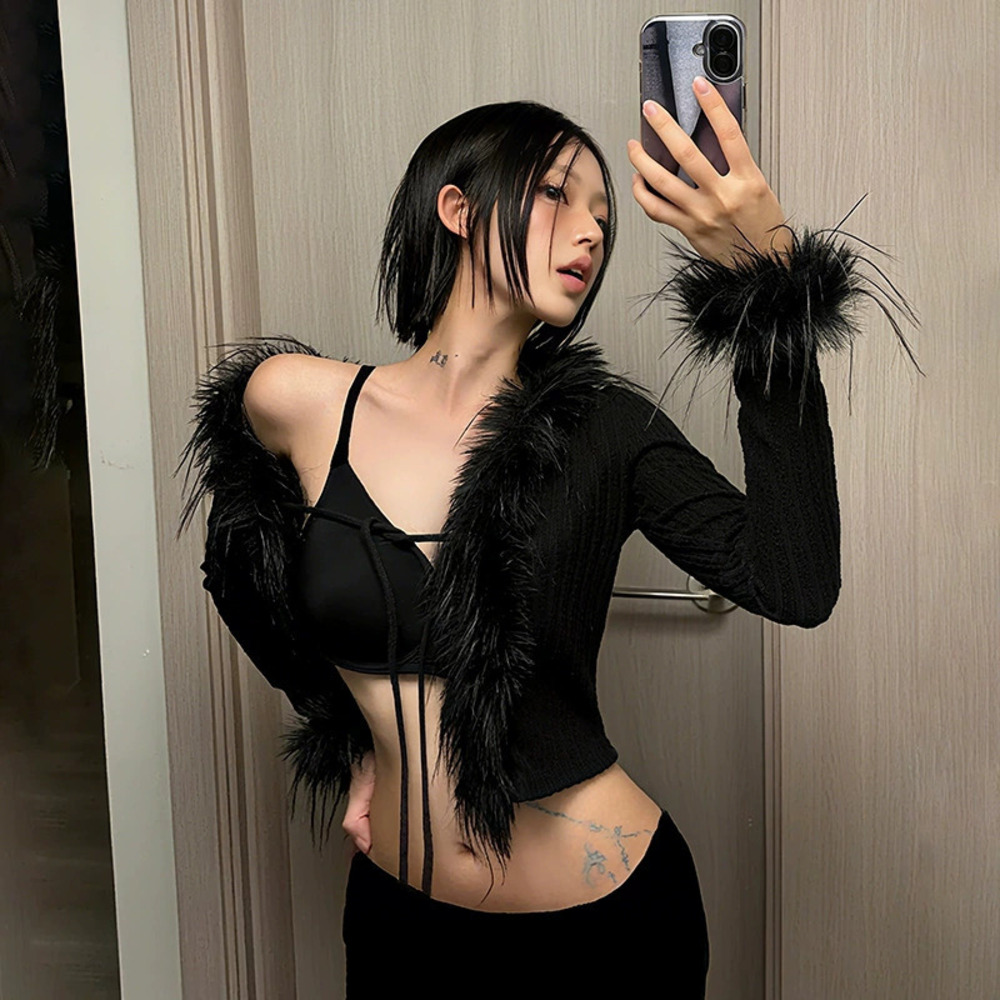 Zara Winter Fleece Collar Crop Top Long Sleeve Slim Fit